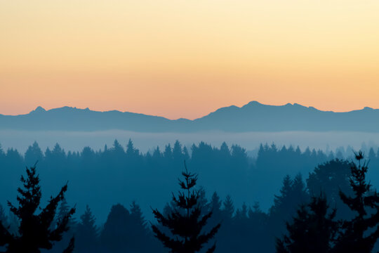 Silhouette of Northwest Cascade Range with forest in foreground on Mercer Island in Washington state on an autumn day in October.