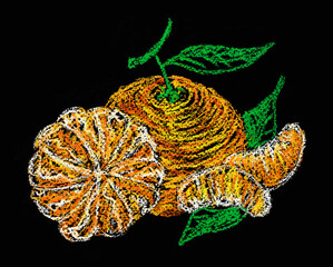 Tangerine. Pastel drawing. Hand drawn illustration on chalkboard