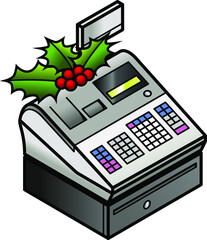 Christmas holidays retail concept: a spring of holly on a POS cash register.