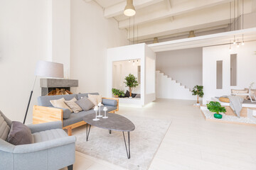 Luxury fashionable modern design studio apartment with a free layout in a minimal style. very bright huge spacious room with white walls and wooden elements. sitting area with fireplace