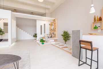 Luxury fashionable modern design studio apartment with a free layout in a minimal style. very bright huge spacious room with white walls and wooden elements. sitting area with fireplace