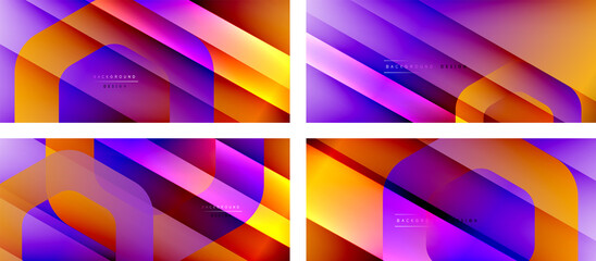 Set of hexagon geometric shapes and fluid gradients with 3d shadow and light straight lines, minimal abstract backgrounds