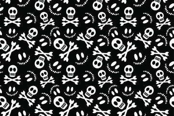 Halloween seamless white skull on black background. They are suitable for fabric, packaging, decor, postcards, background.
