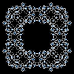 Vintage silver background with blue gems, square jewelry frame with ornamental border on black