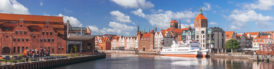 Wide panoramic summer cityscape view of harbor in Gdansk (Gdańsk), Poland