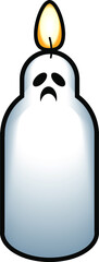 A lit candle shaped like a ghost on a black background. Sad expression.