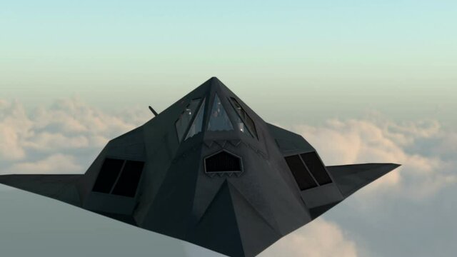 military F-117 Nighthawk stealth aircraft flying in the sky. Wonderfull sunset. Realistic 3d CG animation