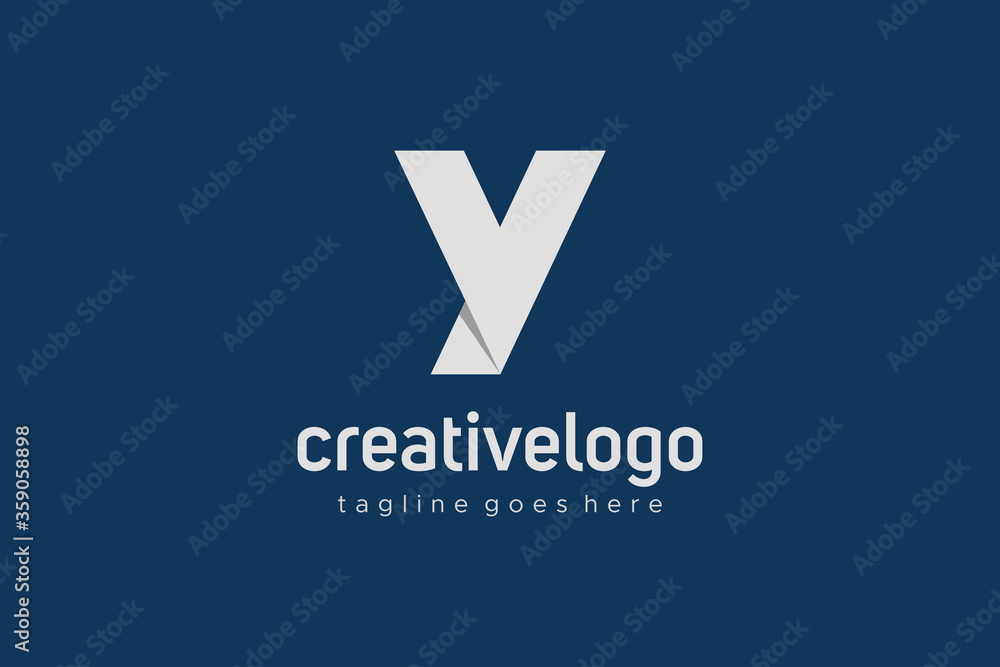 Poster abstract initial letter y and v linked logo. white geometric shape origami style isolated on blue ba