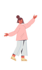 cute woman with raised hands up smiling girl in casual trendy clothes female cartoon character standing pose full length isolated vertical vector illustration