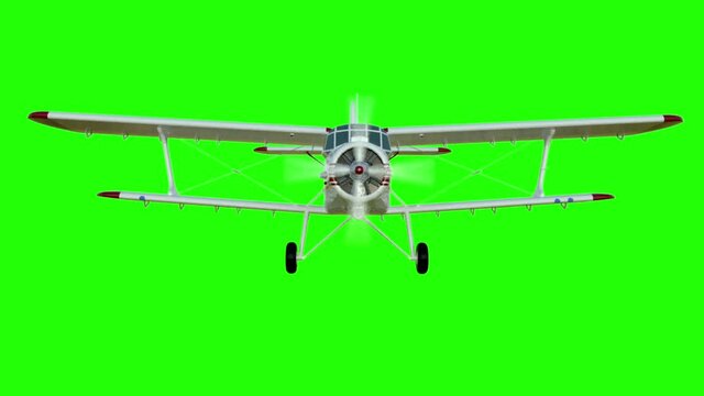 The antonov An-2 bi-plane. Old white plane. Realistic physics animation, realistic reflections and motions. Global illumination render. Green screen footage.