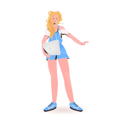 attractive woman using laptop beautiful girl model in trendy clothes female cartoon character standing pose full length isolated vector illustration