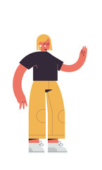 cute woman waving hand smiling girl in casual trendy clothes female cartoon character standing pose full length isolated vertical vector illustration