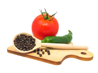 Closeup isolate: black pepper, juicy red tomato, green chili pepper. Fresh vegetables and spices on a wooden cutting board on a white background. Menu concept, ingredients for salad, healthy food.