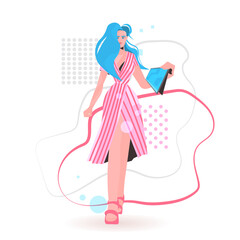 fashion woman using tablet pc beautiful girl model in trendy clothes female cartoon character standing pose full length isolated vector illustration