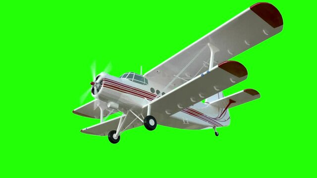 The antonov An-2 bi-plane. Old white plane. Realistic physics animation, realistic reflections and motions. Global illumination render. Green screen footage.