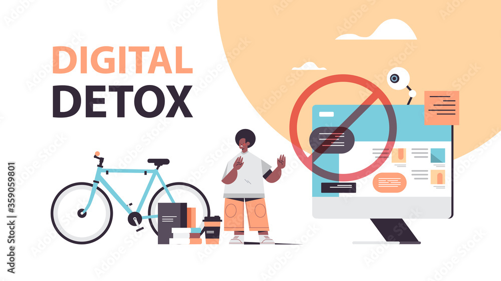 Poster man making stop gesture with palm digital detox concept guy abandoning internet and social networks 