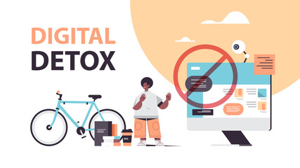 man making stop gesture with palm digital detox concept guy abandoning internet and social networks healthy lifestyle horizontal full length vector illustration