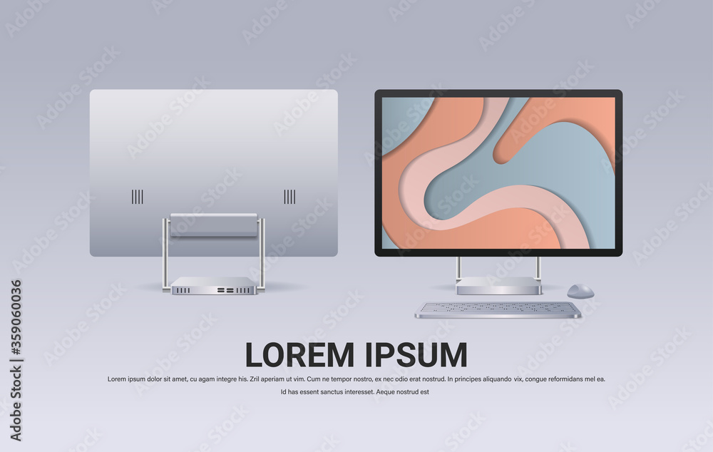 Poster modern computer monitor with keyboard mouse and colored screen realistic mockup gadgets and devices 