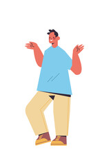 cute man with raised hands up smiling guy in casual trendy clothes male cartoon character standing pose full length isolated vertical vector illustration