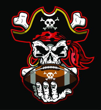 pirates football team mascot skull holding ball for school, college or league