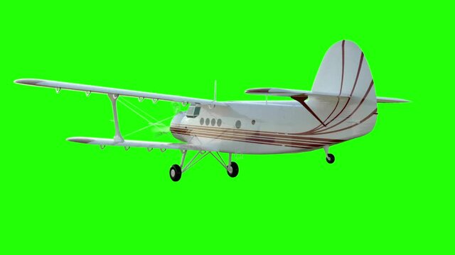 The antonov An-2 bi-plane. Old white plane. Realistic physics animation, realistic reflections and motions. Global illumination render. Green screen footage.