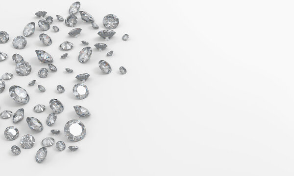 Realistic group of diamond on white background with copy space top view 3d rendering