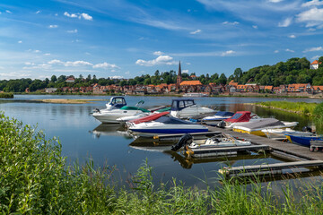 Lauenburg, Germany. View of the old town with yacht harbor.