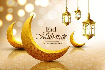 Eid mubarak, realistic 3D looking crescent moon, wish greeting poster, illustration vector