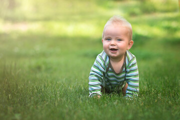 nine month baby crawl on all fours on green grass and smile, banner copy space, kid connect with...
