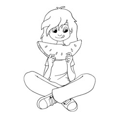 Cartoon girl eating watermelon.  White and black vector illustration for coloring book.