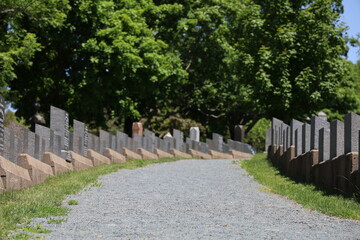 Titanic cemetery in Halifax on a spring day, tombstones, closeup