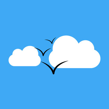 Blue sky with clouds and flying birds simple vector illustration