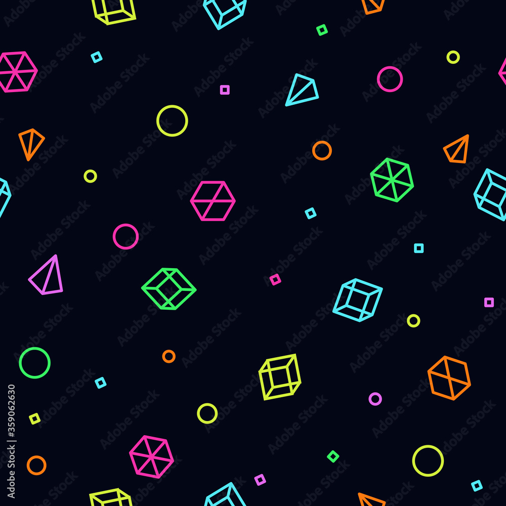 Poster neon geometric shape seamless pattern in memphis style. future mathematic pattern. simple isometric 
