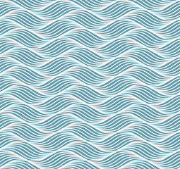 Geometric simple pattern with abstract waves, lines, stripes. A seamless vector background. Blue ocean or sea ornament. Vector illustration