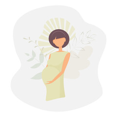 Cute young pregnant woman without face in minimal style decorated fantasy abstract leaves. Gentle touching girl waiting for a child. Mother-to-be in a light green dress. Flat vector illustration