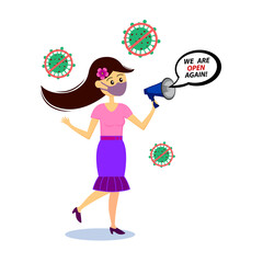 Young woman cartoon character with face mask is informing: We are open again! Business reopening after corona virus pandemic. Vector illustration.