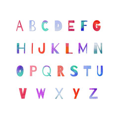 Hand painted watercolor alphabet letters in violet, blue and pink colors. Collage of paper-cut abc elements isolated on white. Artictic lettering set perfect for print, poster.