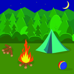 Night landscape with a tent, fire, forest, mountains. Vector color image in a flat style. Concept of outdoor recreation.