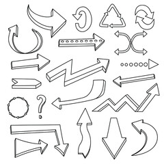 A set of volumetric arrows with different directions. For design. Drawn by hand. White background. Vector.