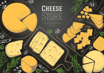 Cheese top view frame. Vector illustration with a collection of cheese. Engraved style image. Dairy farm products cheese.