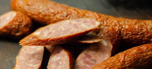 Traditional Polish sausage cut into slices, typical delicatessen product from Eastern Europe