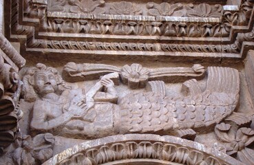 Sculpted mermaid (18th century, andean baroque) on cathedral of Puno (Lake Titicaca, Peru)