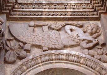 Sculpted mermaid (18th century, andean baroque) on cathedral of Puno (Lake Titicaca, Peru)