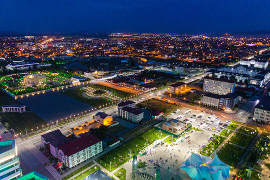 Night aerial view of Grozny, Russia
