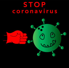 Corona virus or covid-19 concept. Vector icon stops corona virus. COVID-19 Virus quarantine, illustrate of virus pathogen in green with quarantine or stop sign on top on black background. 