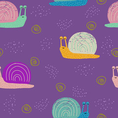 Funny snail seamless pattern. Childish print. Vector hand drawn illustration.