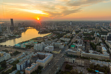 Aerial view of sunset over Yekaterinburg, Russia