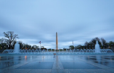 Washington Monument at National Mall at dawn with gloomy sky. The Monument is an obelisk on the National Mall in Washington, D.C., 