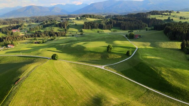 Typical landscape in Bavaria in the Allgau district of the German Alps - aerial view