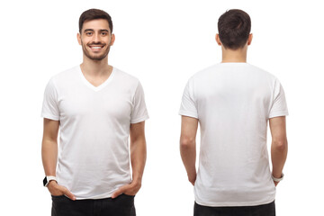Front and back view of young man standing with hands in pockets, wearing blank tshirt with copy space, isolated on white background